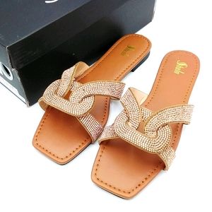 Rhinestone Camel Color Decor Slide Sandals